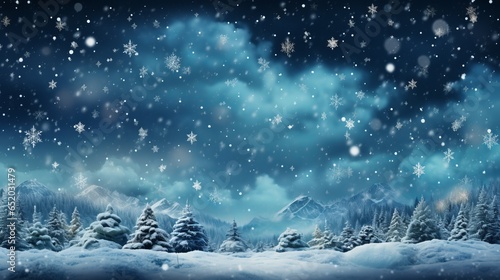 Winter background with snowflakes close-up and blue tint, snow-covered trees, free copy space, cold time, Concept: landscape splash screen © Marynkka_muis