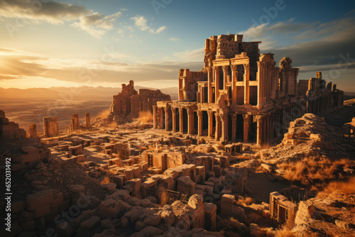 The mystical ruins of Palmyra, Syria, with towering columns that once adorned a grand ancient city. Concept of preservation efforts in the Near East. Generative Ai.