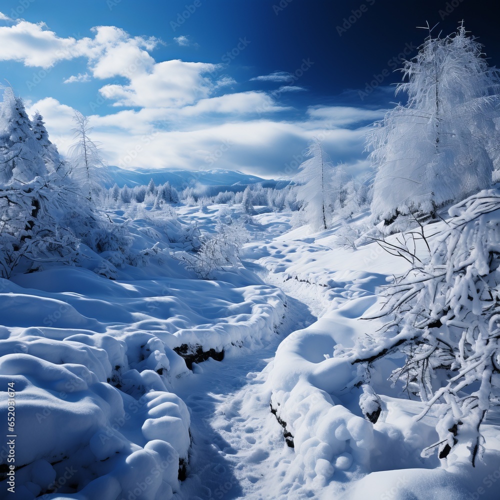Winter background with snowflakes close-up and blue tint, snow-covered trees, free copy space, cold time, Concept: landscape splash screen
