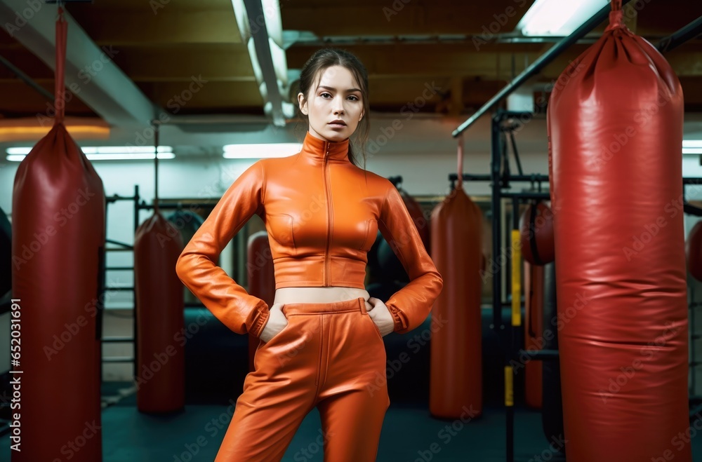 Young woman wearing orange boxing tights stands near equipment in gym.