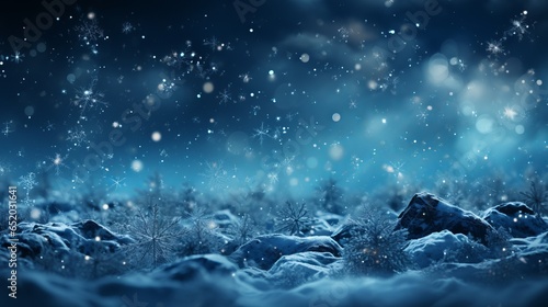 Winter background with snowflakes close-up and blue tint  snow-covered trees  free copy space  cold time  Concept  landscape splash screen