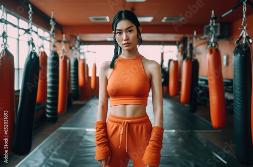 Young woman wearing orange boxing tights stands near equipment in gym. © Marharyta