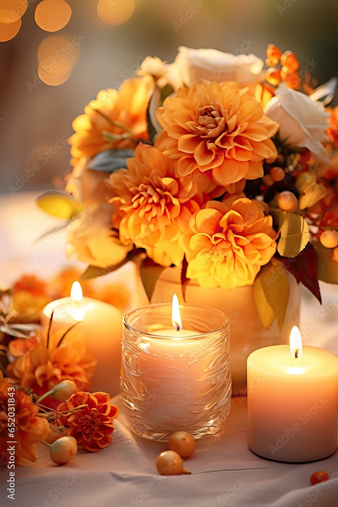 Some Plants during Fall Season near a Candle. Autumnal Warm Composit. Some Plants during Fall Season near a Candle. Autumnal Warm Composit.