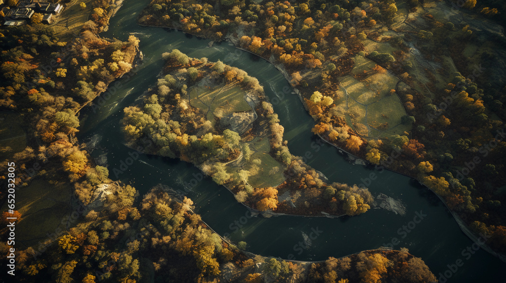 Aerial view of Park, autumn foliage, meandering pathways, water bodies reflecting the sky, high contrast Aerial view of Park, autumn foliage, meandering pathways, water bodies reflecting the sky, high contrast