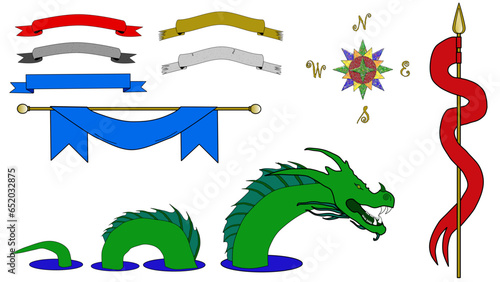 Banners, compass rose, and sea serpent similar to those found on antique maps