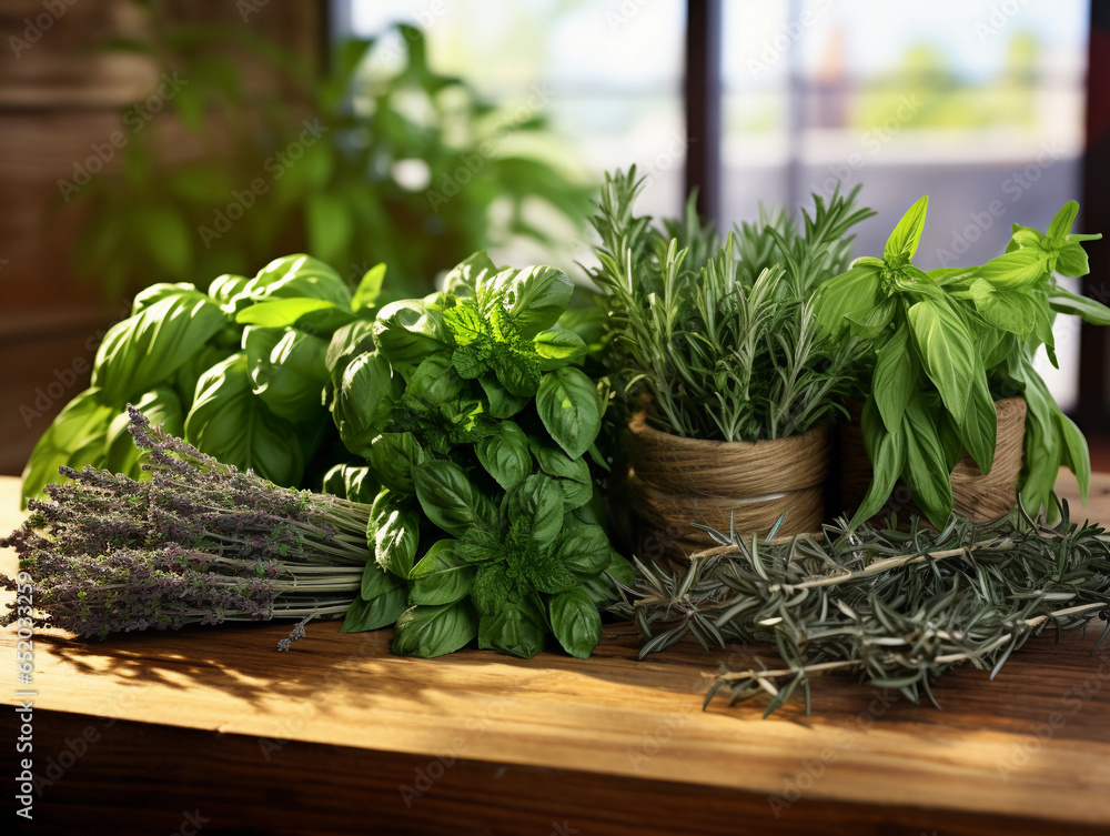 array of culinary herbs: basil, rosemary, thyme, and oregano, presented on a rustic wooden table, natural light filtering through a nearby window