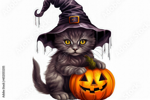Cute black kitten in witch hat sitting with pumpkin on fire background © mila103