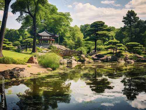 Japanese Zen garden in the middle of a bustling city park, soft focus, brushstroke texture, serene