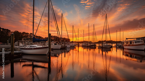 harbor scene, multiple sailboats docked, golden sunset, reflections in calm water, yachts, fishing boats, wooden pier, nautical atmosphere photo