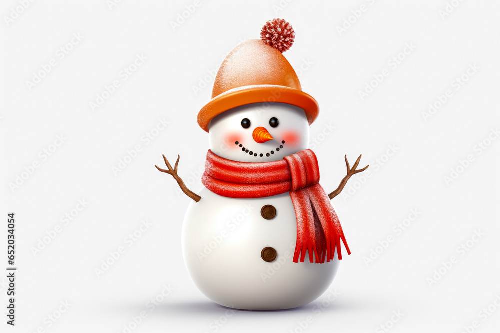 Snowman with scarf and hat on white background