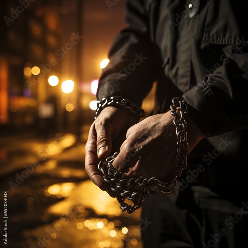 Male hands shackled, hands tied with a chain. Restriction of hand movement with handcuffs. Concept: Prisoner Man Trapped