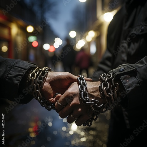 Male hands shackled, hands tied with a chain. Restriction of hand movement with handcuffs. Concept: Prisoner Man Trapped