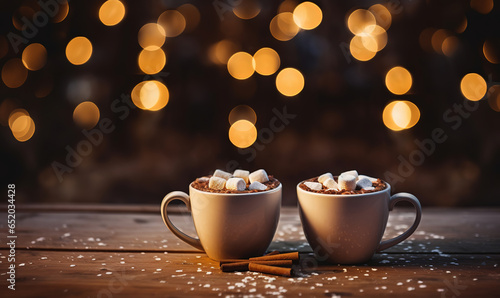 two cups of hot chocolate with mocha marshmallows on wooden table, generative ai 