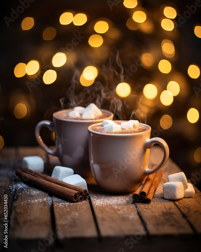 two cups of hot chocolate with mocha marshmallows on wooden table, generative ai 