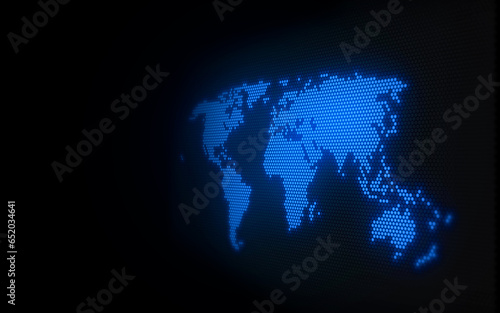 Blue Glowing Modern World map. Perspective. Amazing Black background
