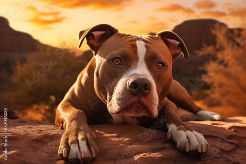 A brown and white dog peacefully laying on top of a rock. This image can be used to portray relaxation, nature, or companionship.