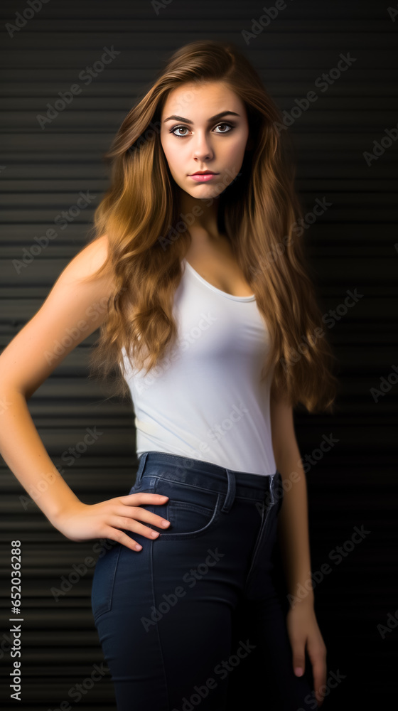 Portrait of a beautiful young woman in a white top and black jeans Portrait of a beautiful young woman in a white top and black jeans