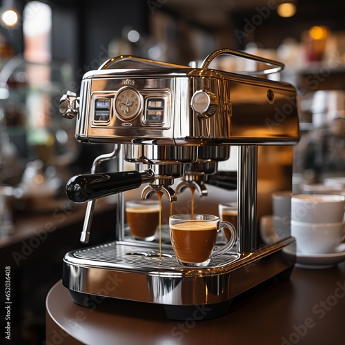 Coffee machine for preparing a hot drink with caffeine. Modern appliances for the kitchen and coffee making. morning atmosphere of a cozy cafe.