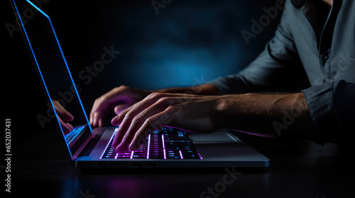A man's hands are busy typing on a laptop keyboard during the nighttime, engaged in work, business development, studying, and playing computer games