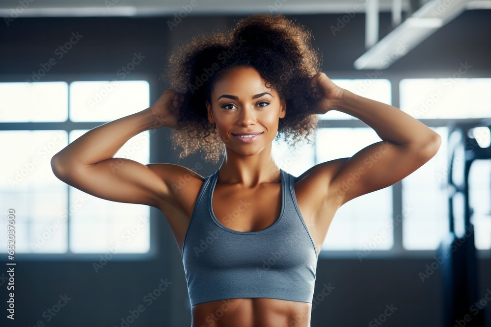 beautiful young african american woman flexing her biceps in gym