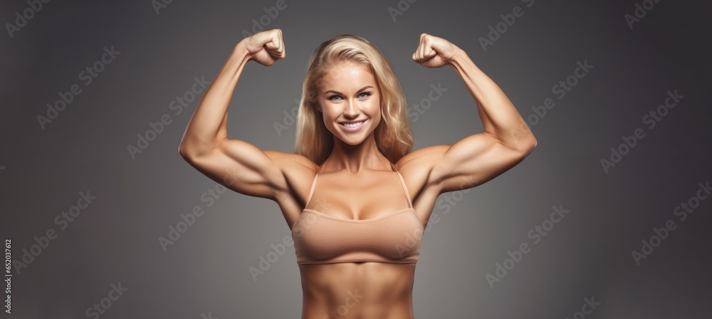 Obraz premium attractive fit young blond woman showing her biceps on a dark background