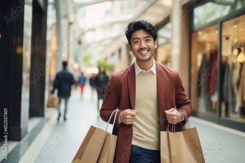 asian young man carrying shopping bags at the shopping mall