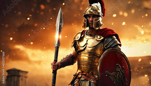 Roman male legionary (legionaries) wear helmet with crest,  long spear and  scutum shield, heavy infantryman, realistic soldier of the army of the Roman Empire, on Rome background. Generative ai
