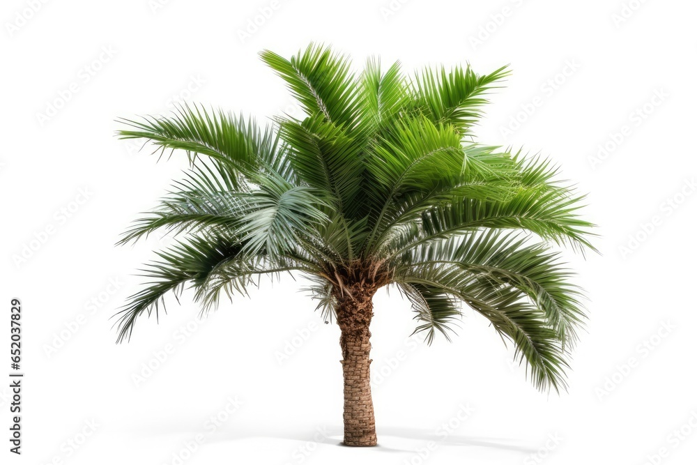 Obraz premium An isolated palm tree with lush green leaves, standing tall against a white background in the tropical paradise of summer.