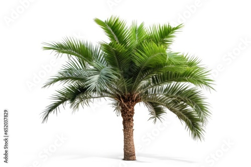 An isolated palm tree with lush green leaves  standing tall against a white background in the tropical paradise of summer.