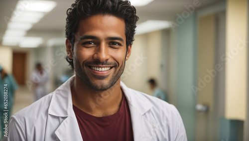 Ritratto di un dottore di 30 anni di origini brasiliane nel corridoio di un ospedale, vestito con il camice professionale  photo