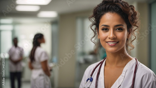 Ritratto di una dottoressa di 35 anni di origini brasiliane nel corridoio di un ospedale, vestita con il camice professionale e stetoscopio photo