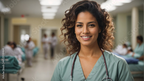 Ritratto di una dottoressa di 35 anni di origini brasiliane nel corridoio di un ospedale, vestita con il camice professionale e stetoscopio photo