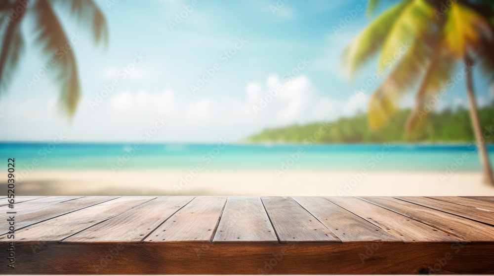 Wooden table top on blur tropical beach background Wooden table top on blur tropical beach background