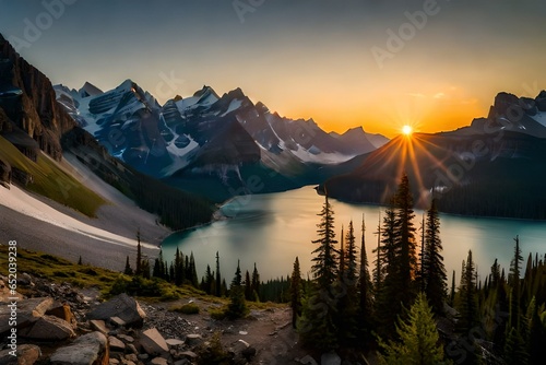 Rockies, the sun rises over the Valley of the Ten Peaks, with the glacier-fed Moraine Lake photo