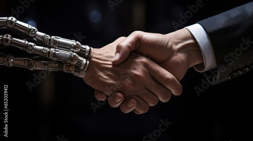 A digital robot shaking hands with a human hand © Vlad