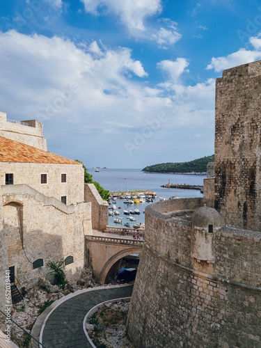 View to Dubrovnik walls and old town port, Croatia