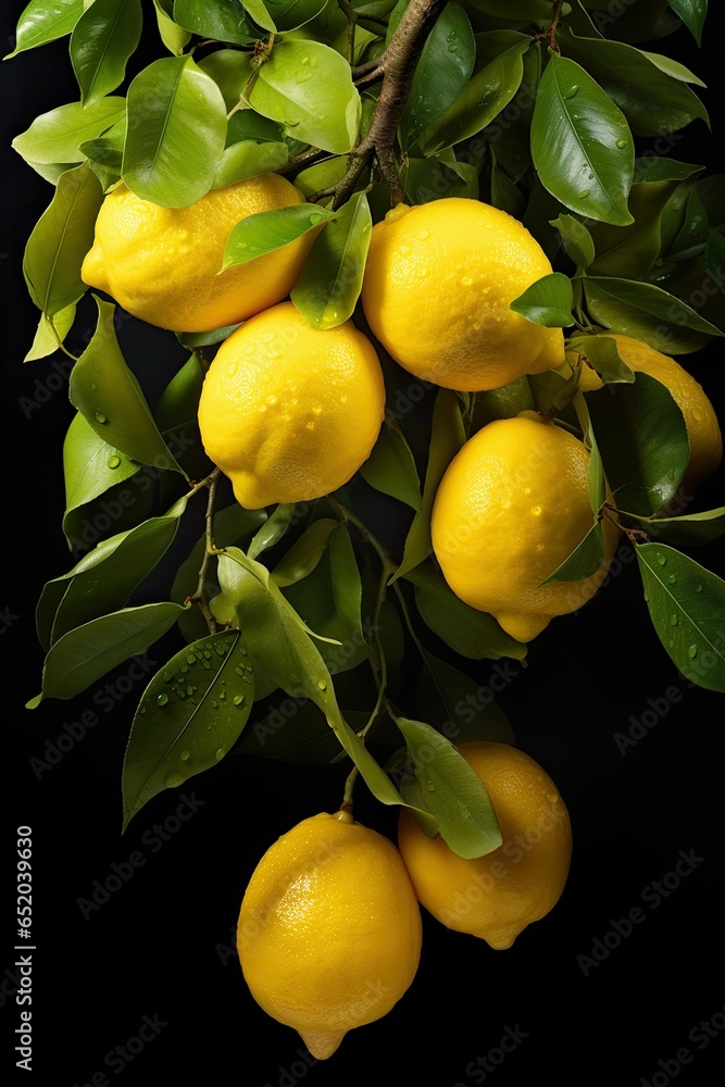  Lemons Hanging from a Tree on a Black Background