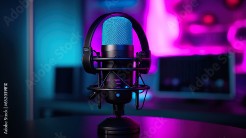 A detailed view of a microphone and headphones on a black stand, illuminated by neon LED lights in cyan and magenta, within a sound recording studio, suitable for podcasting, streaming, or ASMR sound  photo