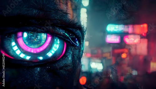A cyberpunk documentary photograph of a man with neon eyes Unreal Engine Octane Render 