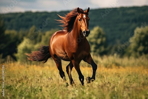 The bay horse gallops on the grass 