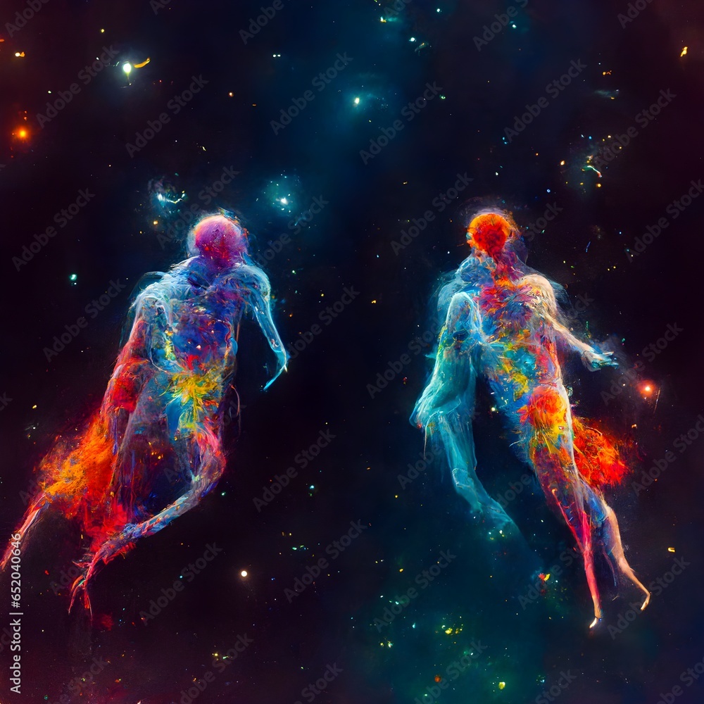 two translucent human figures floating in the cosmos with brightly colored nebulae in background 