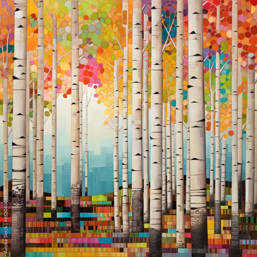 Abstract colorful geometric illustration of birch trees, birch tree forest, square aspect ratio. Generative AI.
