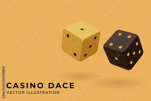 Casino dices isolated on yellow background. Vector realistic 3d illustration. Casino or gambling concept. Game sign. Shiny two cubes.
