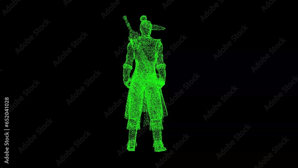 3D Samurai on black background. Warrior and Honor concept. Oriental warrior. Business advertising backdrop. For title, text, presentation. 3d animation.