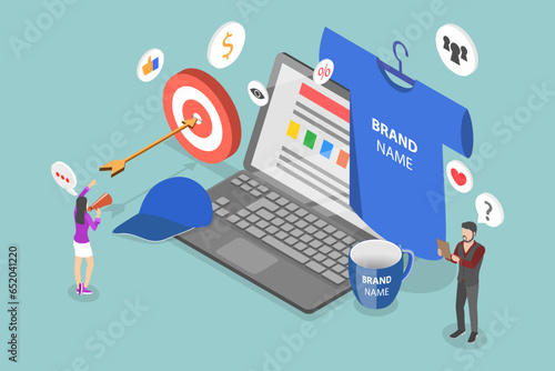 3D Isometric Flat Vector Conceptual Illustration of Products with Company Logo, Branded Design