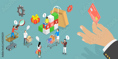 3D Isometric Flat Vector Conceptual Illustration of Customer Shopping Habits Research, Client Profile Analisys
