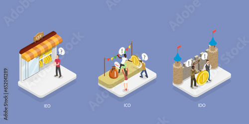 3D Isometric Flat Vector Conceptual Illustration of Investment in ICO, IEO and IDO, Investing at Initial Stage