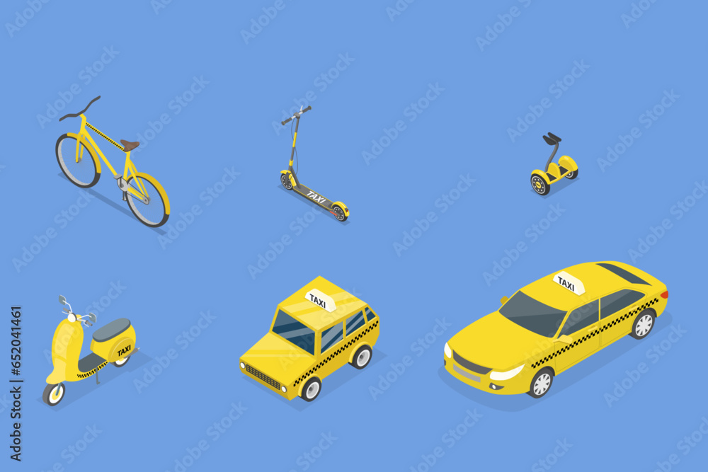 3D Isometric Flat Vector Set of Taxi, Different Vehicle Types
