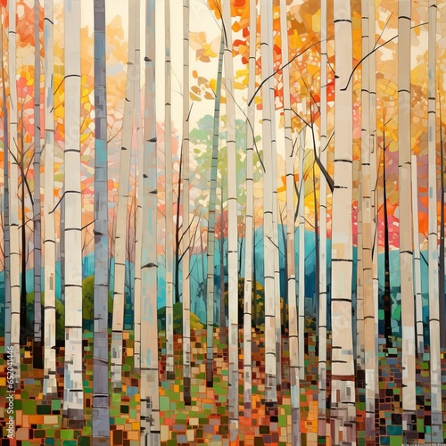 Abstract colorful geometric illustration of birch trees, birch tree forest, square aspect ratio. Generative AI.
