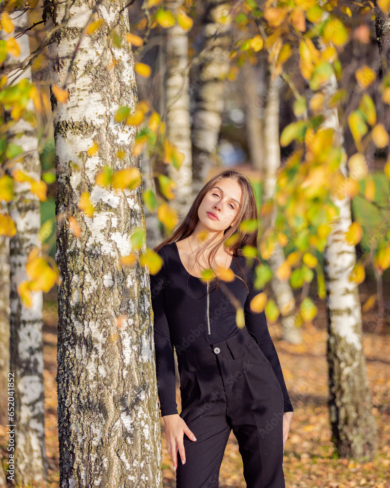 A beautiful girl posing near a birch tree in an autumn park. A beautiful girl posing near a birch tree in an autumn park.